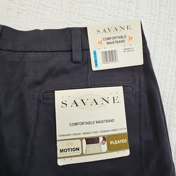Savane Pleated Pants Men's 36x29 Dark Ink No Iron Comfort Waistband Pleated NWT - Picture 3 of 13